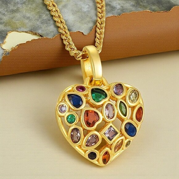 ποΈ Boho Chic Colorful Gem Heart Necklace 18K Gold Plated Stainless Steel - Picture 7 of 14